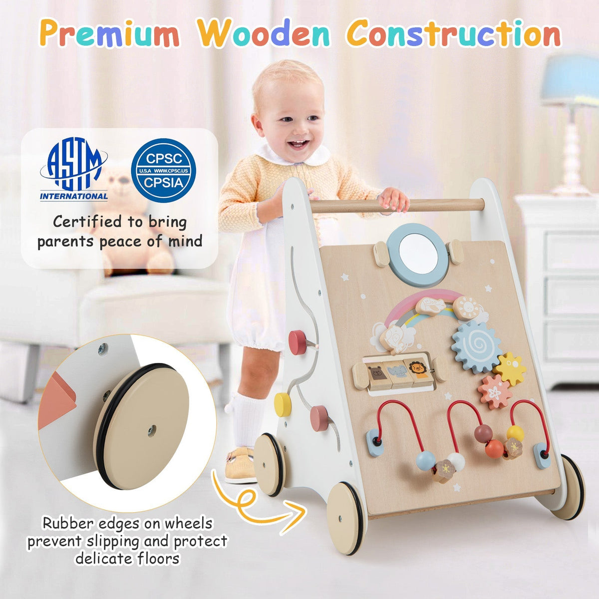 Wooden Baby Walker with Multiple Activities Center for Over 1 Year Old-White