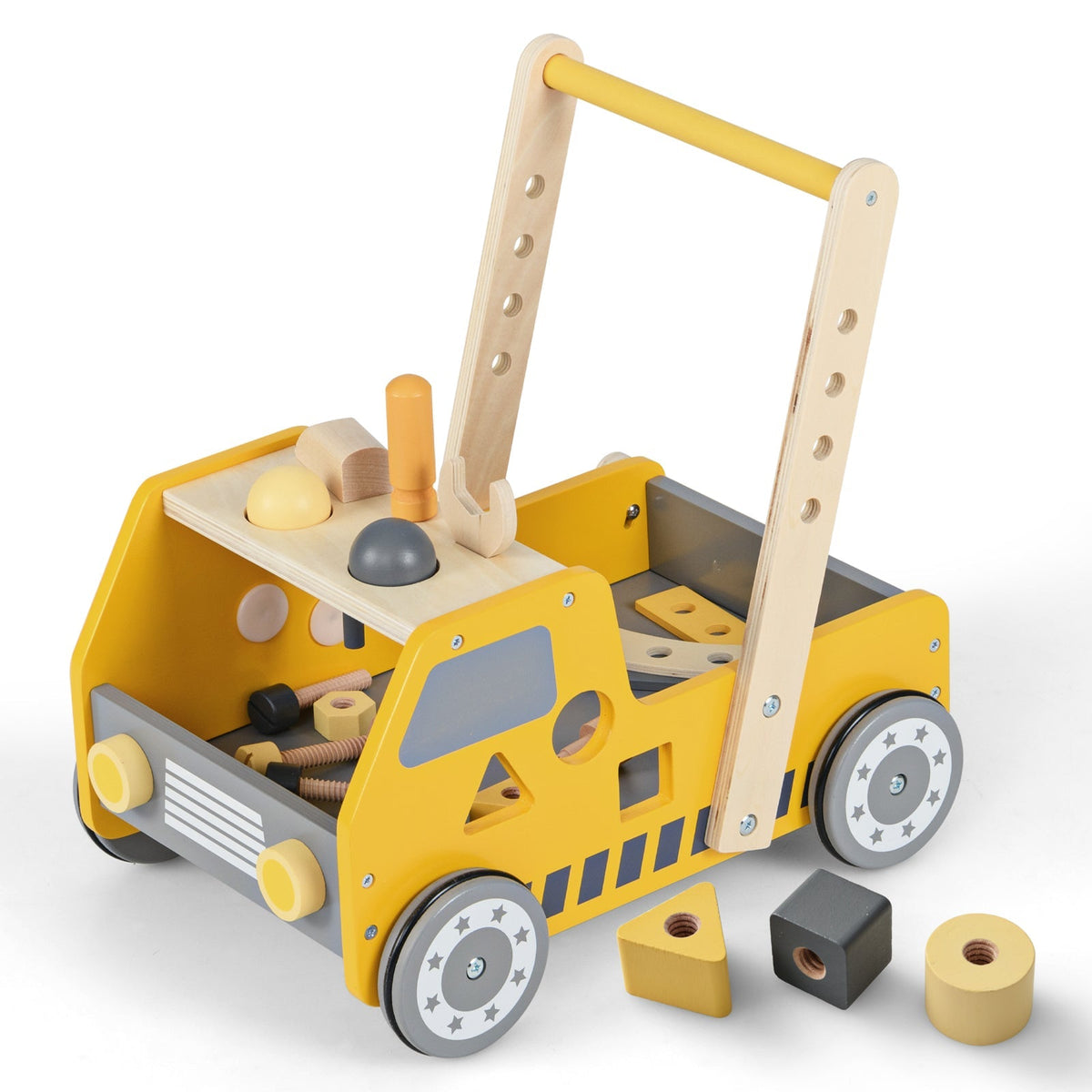 Andador de madera 2 en 1 con velocidad ajustable y almacenamiento inferior - Amarillo