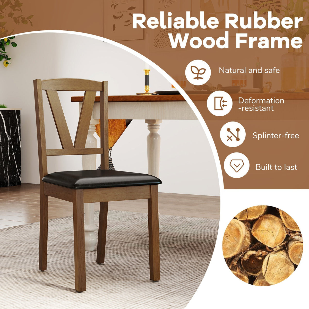 Wooden Dining Chair Set of 2 with PU Leather Upholstered and Rubber Wood Frame-Brown
