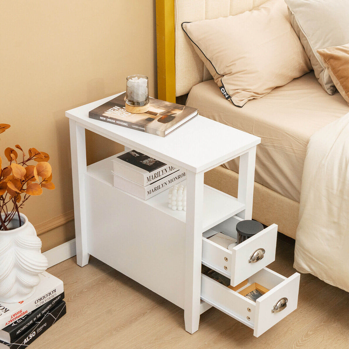 End Table Wooden with 2 Drawers and Shelf Bedside Table