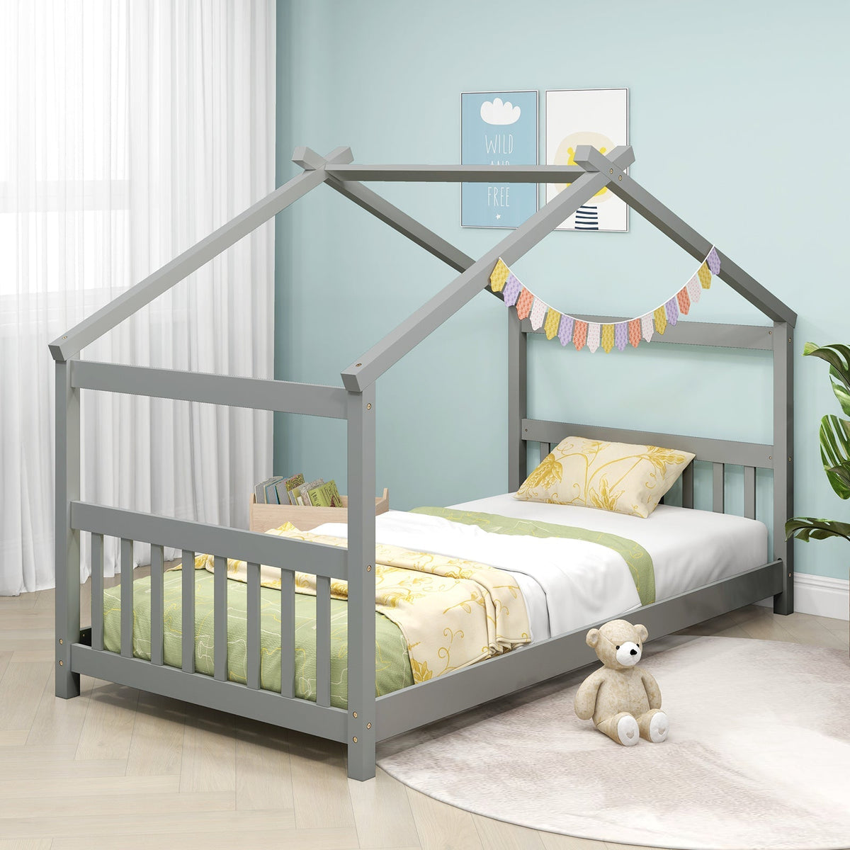 Twin Size Wooden House Bed with Roof