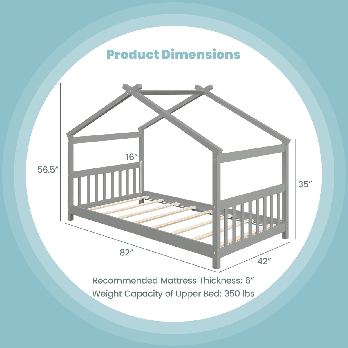 Twin Size Wooden House Bed with Roof