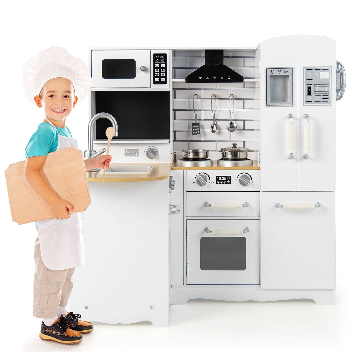 Wooden Kid's Corner Kitchen Playset with Stove for Toddlers-Natural & White