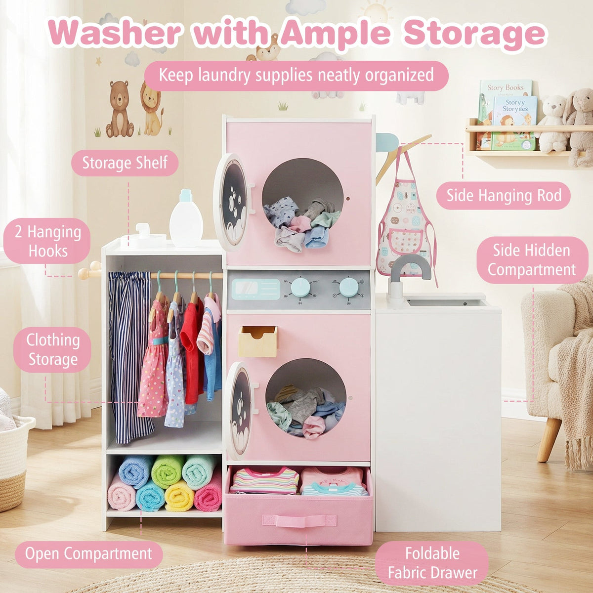Wooden Kids Laundry Playset with Laundry Detergent Bottle and Clothes Hangers-Pink