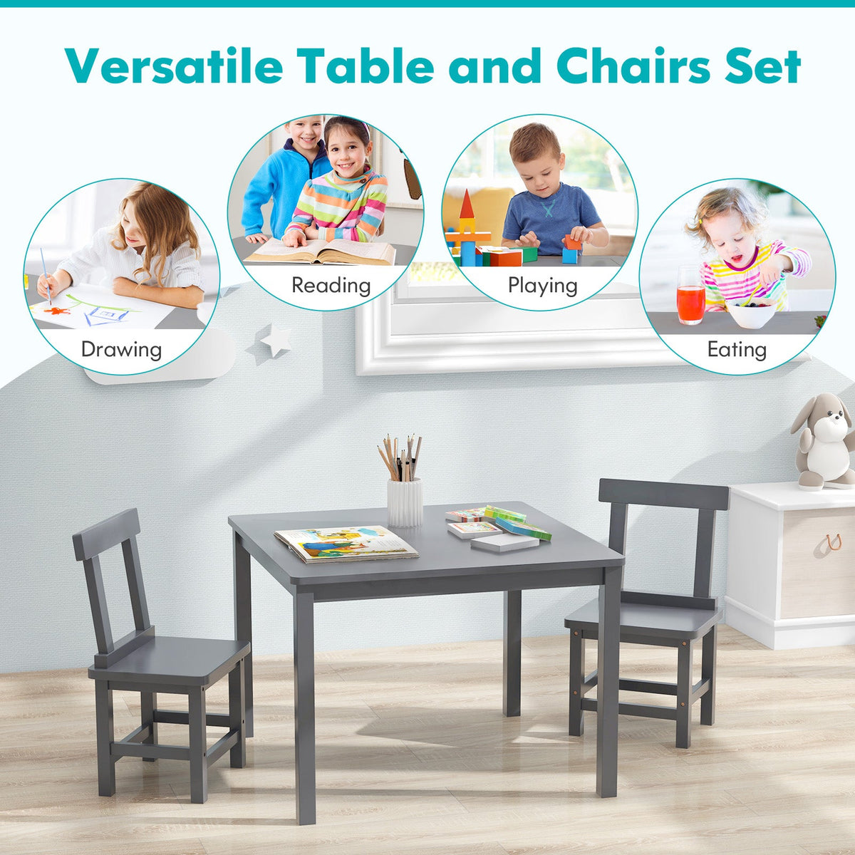 Wooden Kids Table and 2 Chairs Set with Anti-slip Foot Pads-Gray