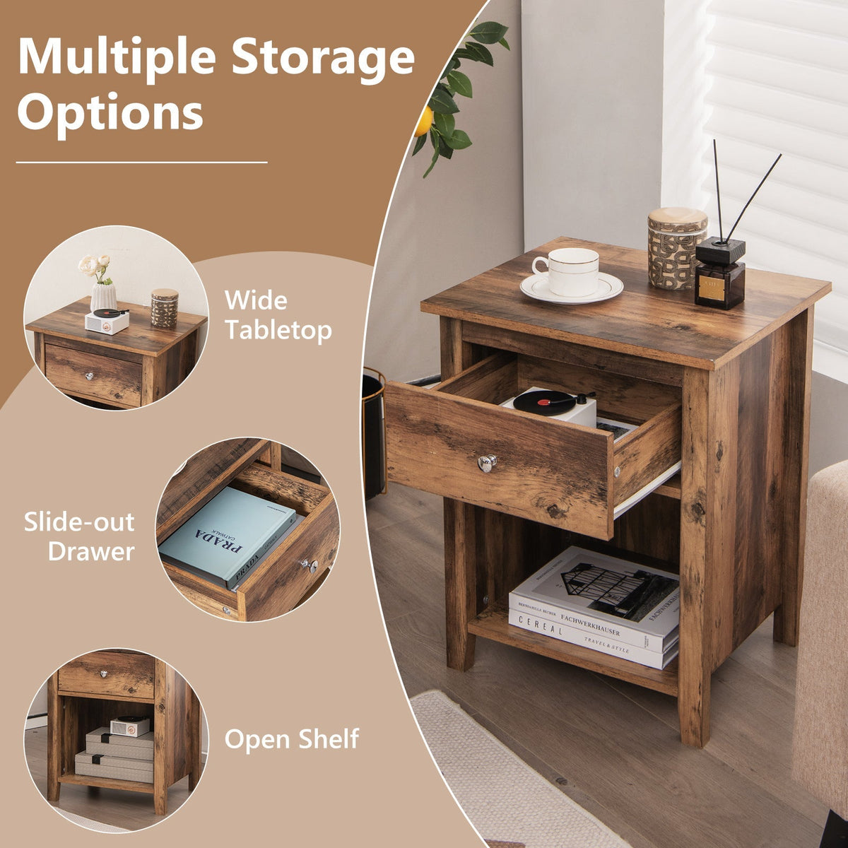 Wooden Nightstand with Slide-out Drawer and Open Shelf