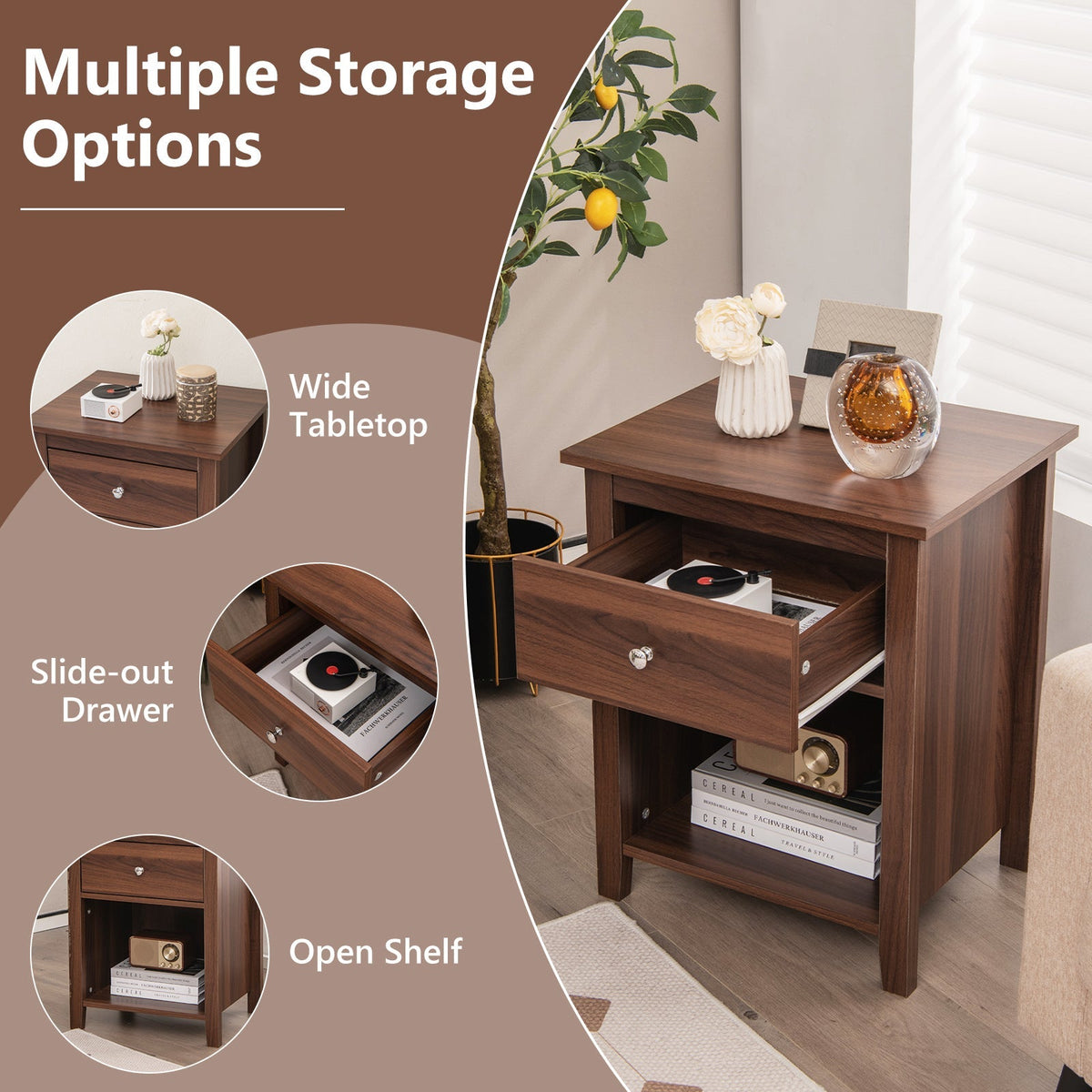 Wooden Nightstand with Slide-out Drawer and Open Shelf