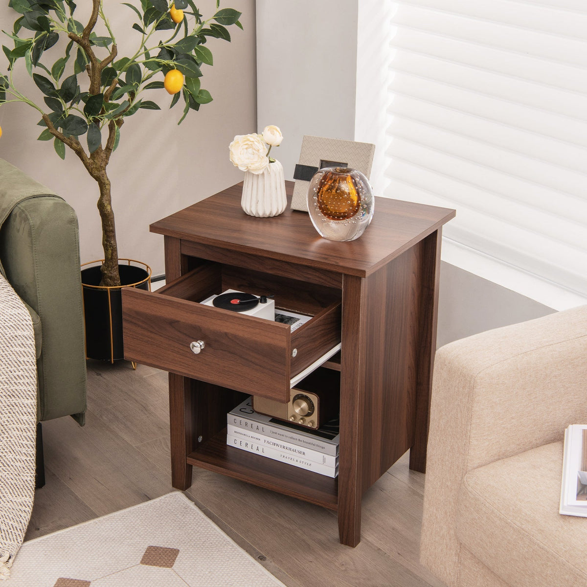 Wooden Nightstand with Slide-out Drawer and Open Shelf