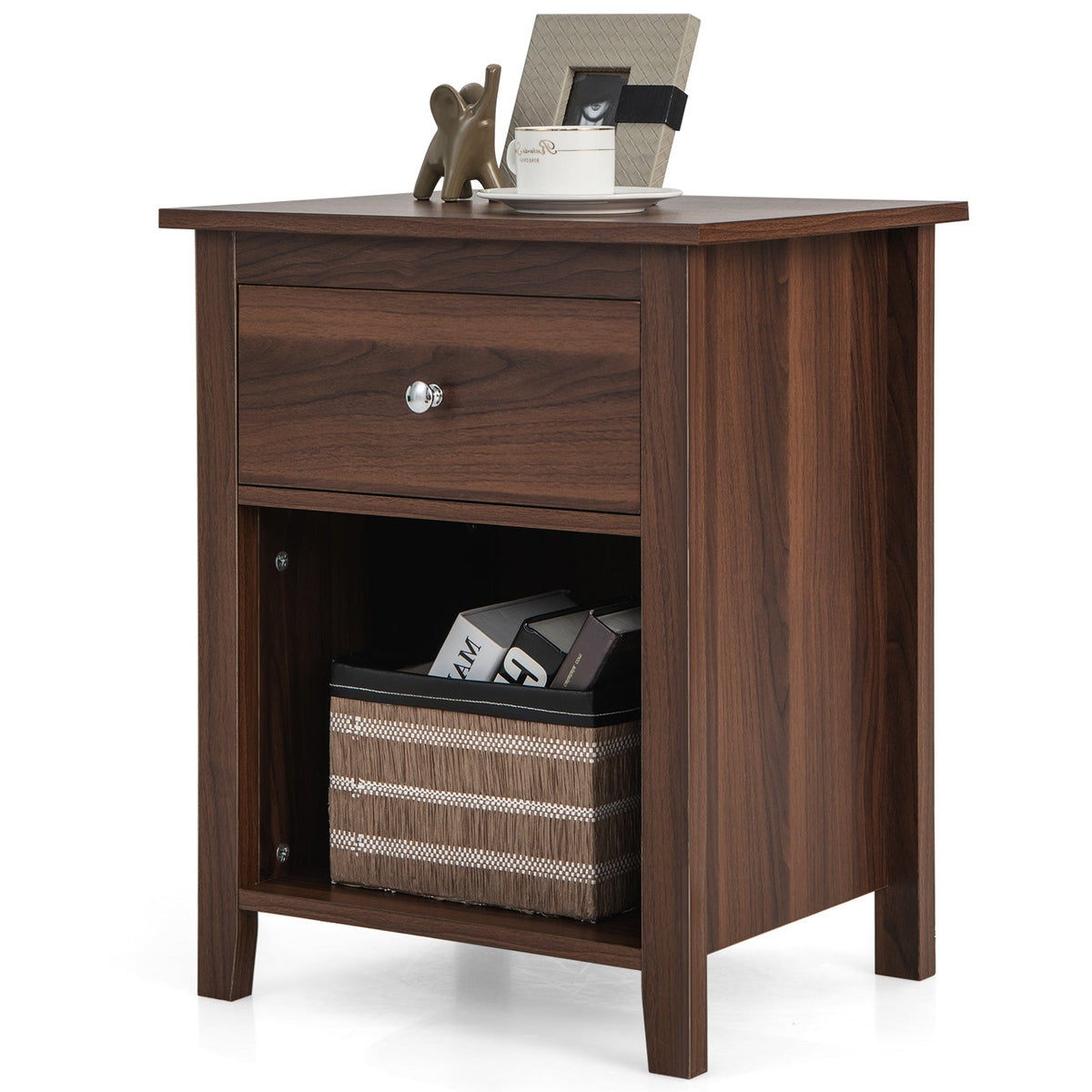 Wooden Nightstand with Slide-out Drawer and Open Shelf