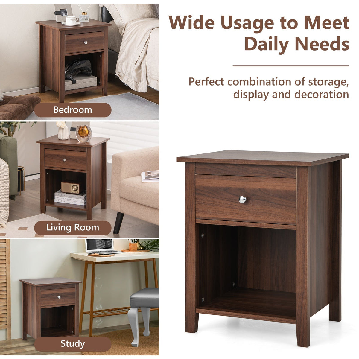 Wooden Nightstand with Slide-out Drawer and Open Shelf