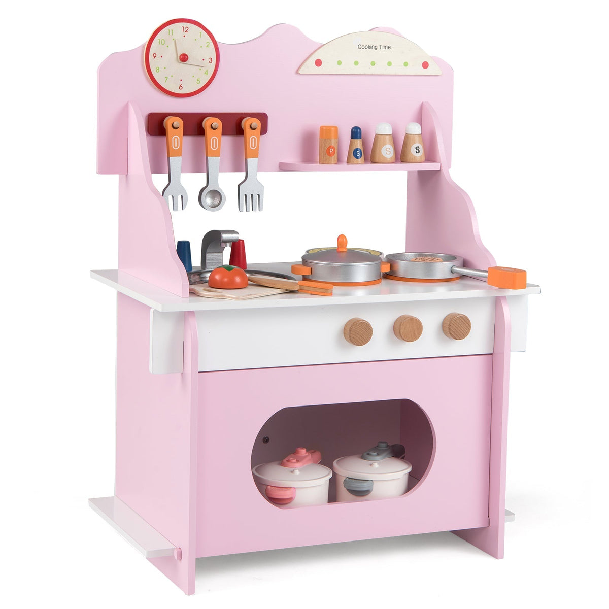Wooden Play Kitchen for Kids Pretend Play Toy Kitchen Set with Clock Gift for Boys and Girls 3 +Pink