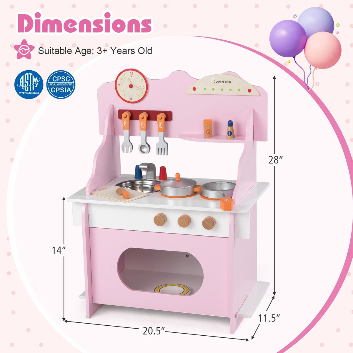 Wooden Play Kitchen for Kids Pretend Play Toy Kitchen Set with Clock Gift for Boys and Girls 3 +Pink