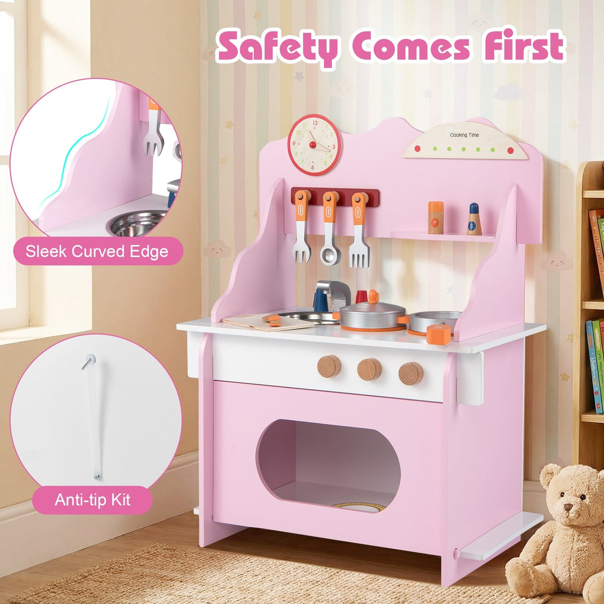 Wooden Play Kitchen for Kids Pretend Play Toy Kitchen Set with Clock Gift for Boys and Girls 3 +Pink