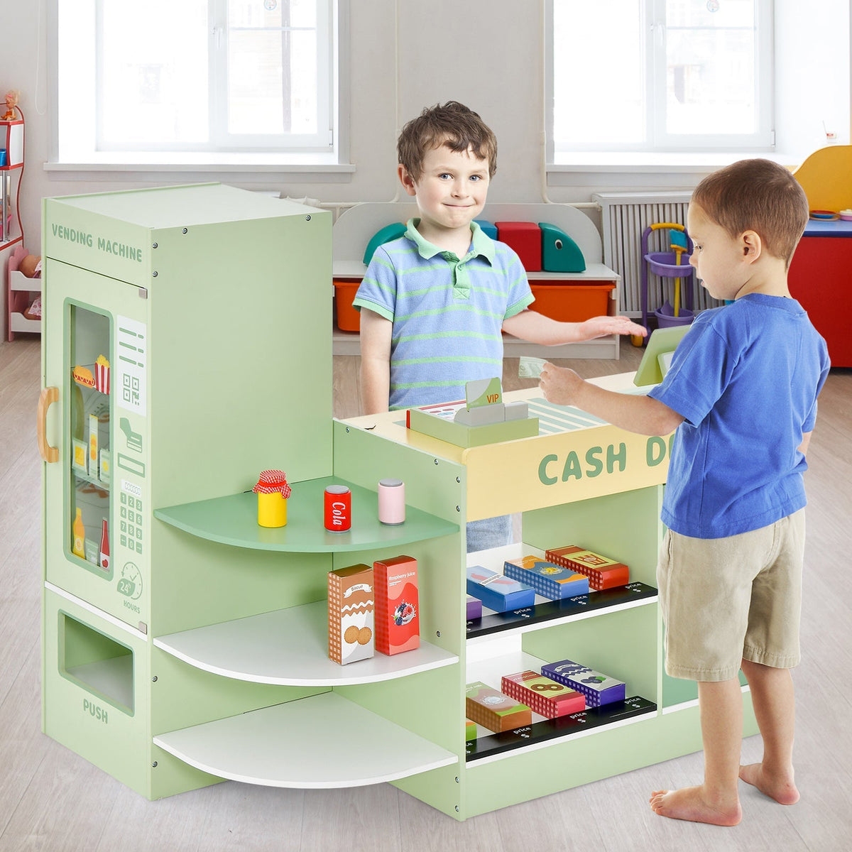 Juego de juguete de supermercado de madera para niños con caja registradora