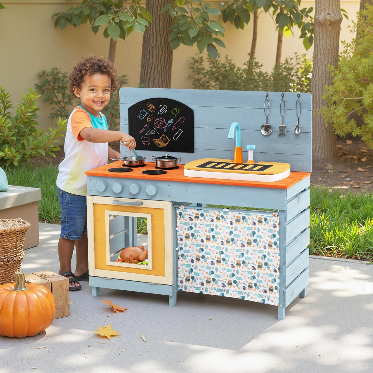 Wooden Toy Kitchen Playset with Removable Circulation Faucet and Cooking Accessories-Blue