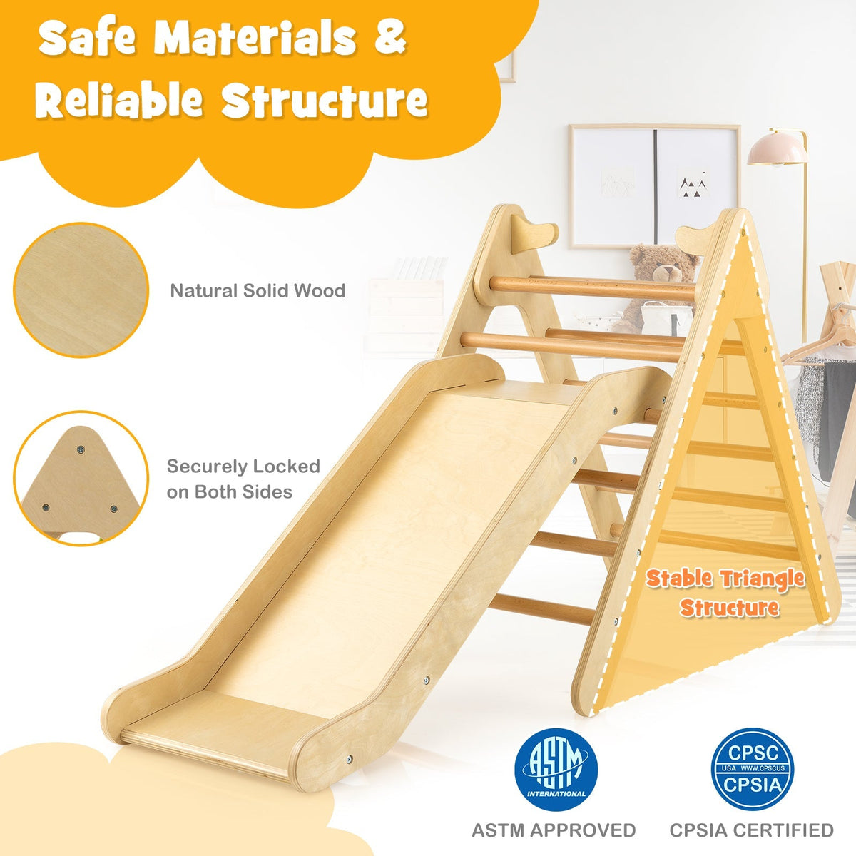 2-in-1 Wooden Triangle Climber Set with Gradient Adjustable Slide