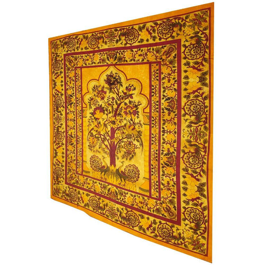 Yellow Tree Of Life Peacock Tapestry Indian Wall Art