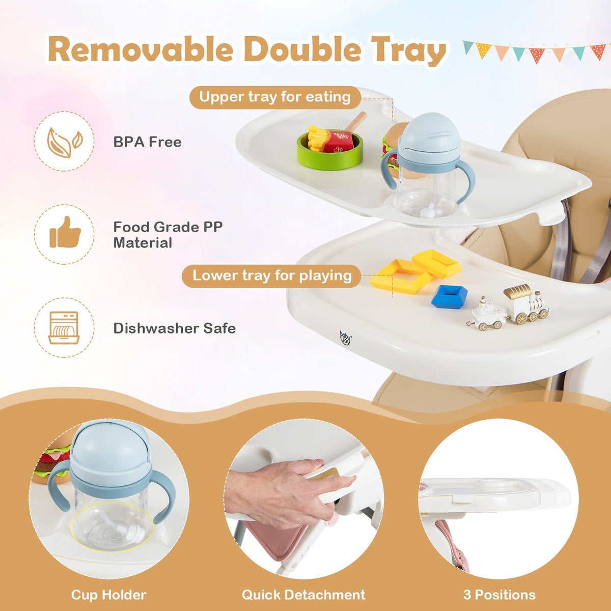 4-in-1 Foldable Baby High Chair with 7 Adjustable Heights and Free Toys Bar