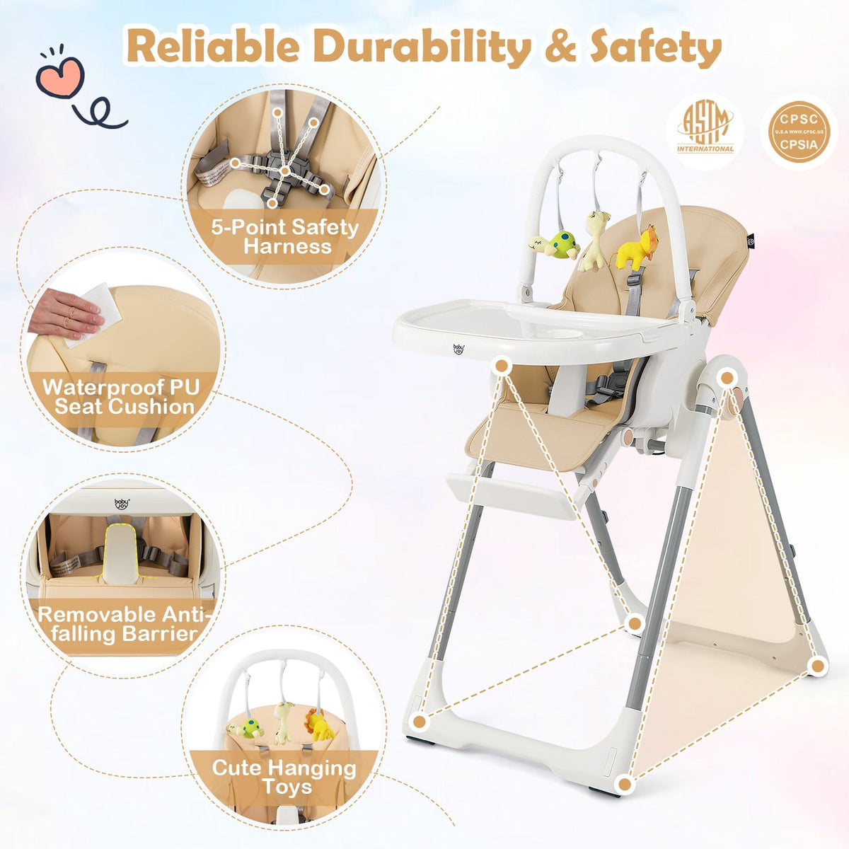 4-in-1 Foldable Baby High Chair with 7 Adjustable Heights and Free Toys Bar