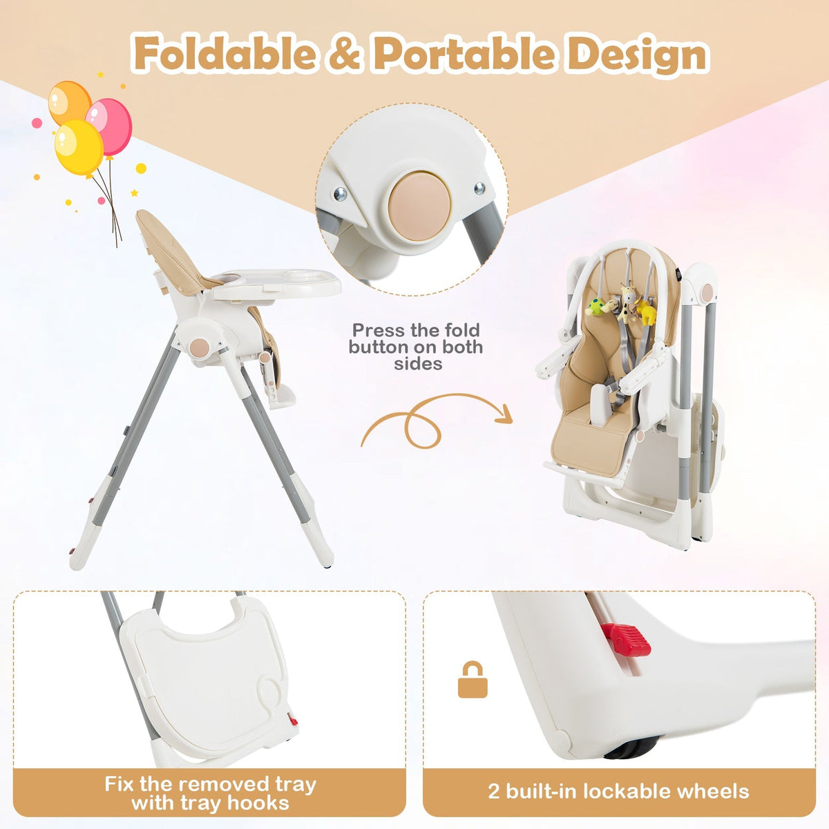 4-in-1 Foldable Baby High Chair with 7 Adjustable Heights and Free Toys Bar