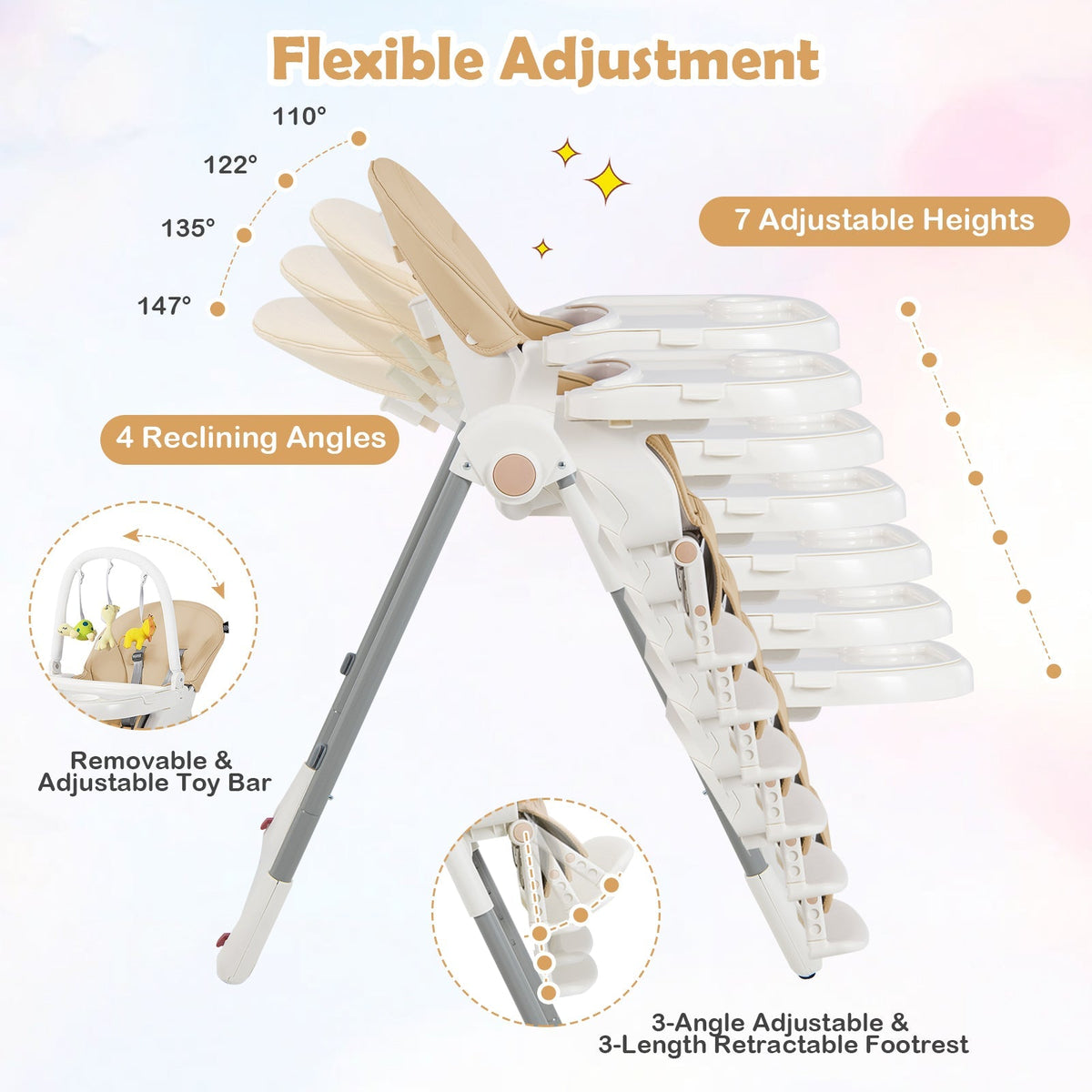 4-in-1 Foldable Baby High Chair with 7 Adjustable Heights and Free Toys Bar