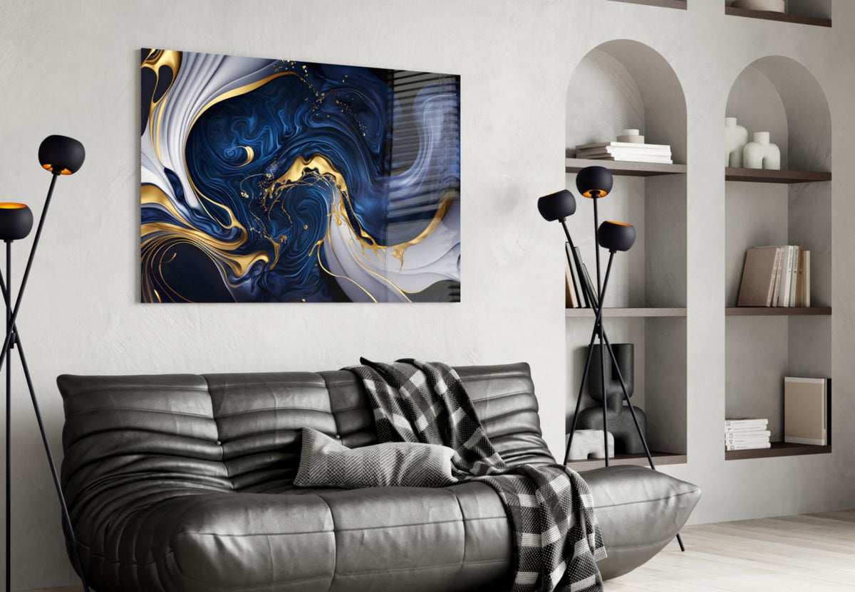 Elegant Gold Swirls on Midnight Blue Glass Wall Art