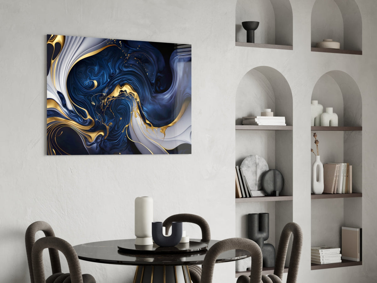 Elegant Gold Swirls on Midnight Blue Glass Wall Art