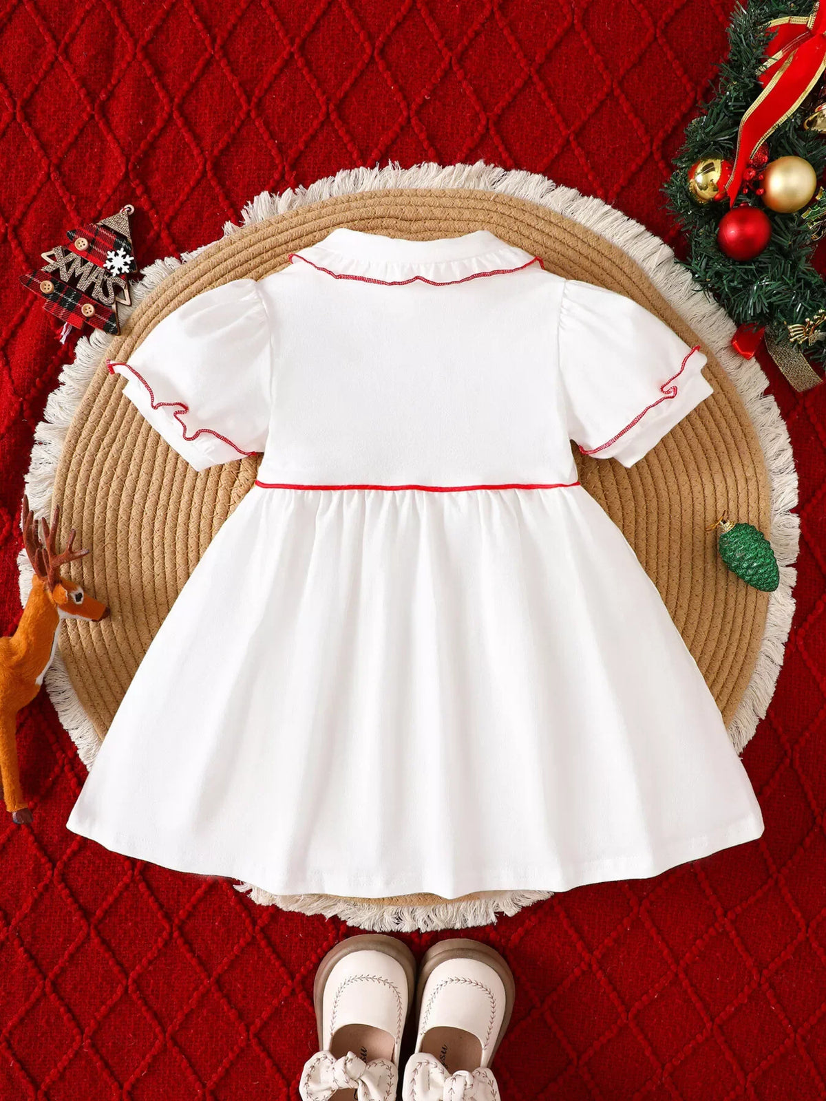 Children's Christmas Tree Embroidered Ruffle Trim Dress
