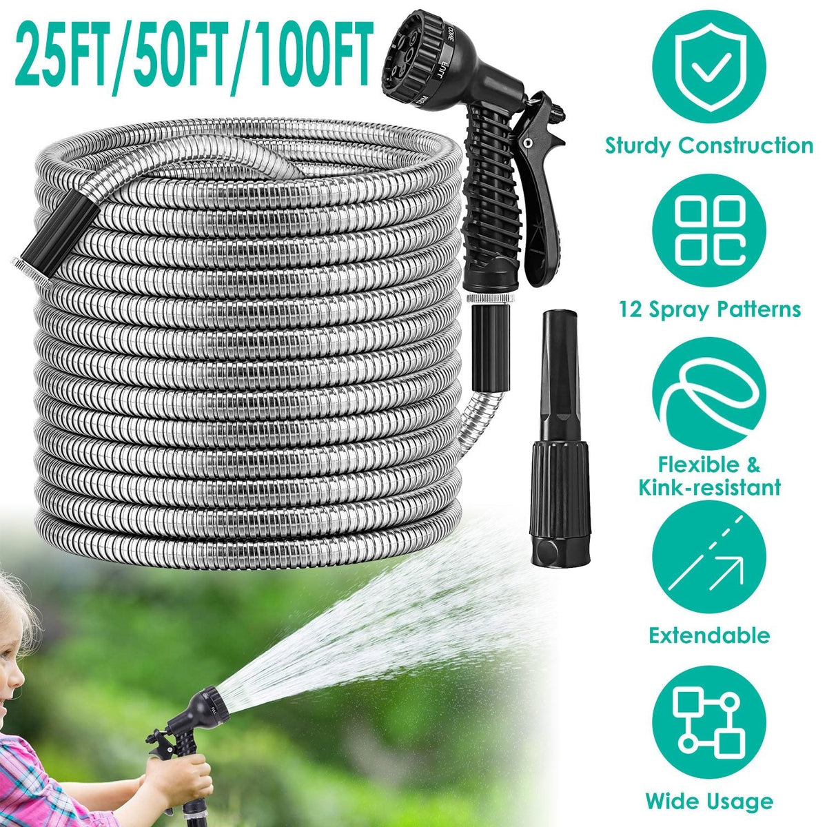 25FT/50FT/100FT Heavy Duty Stainless Steel Garden Hose Garden Watering Kit Metal Water Hose with 2 Nozzles 12 Patterns Flexible Extendable Kink Tangle