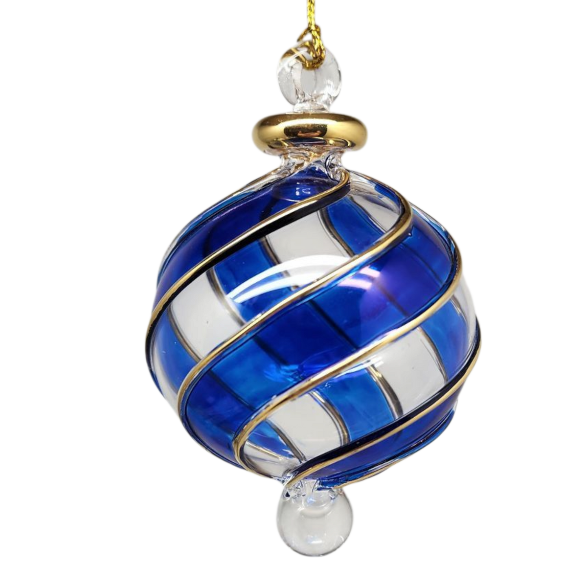 Blown Glass with Golden Swirl Rib Ornament - Blue
