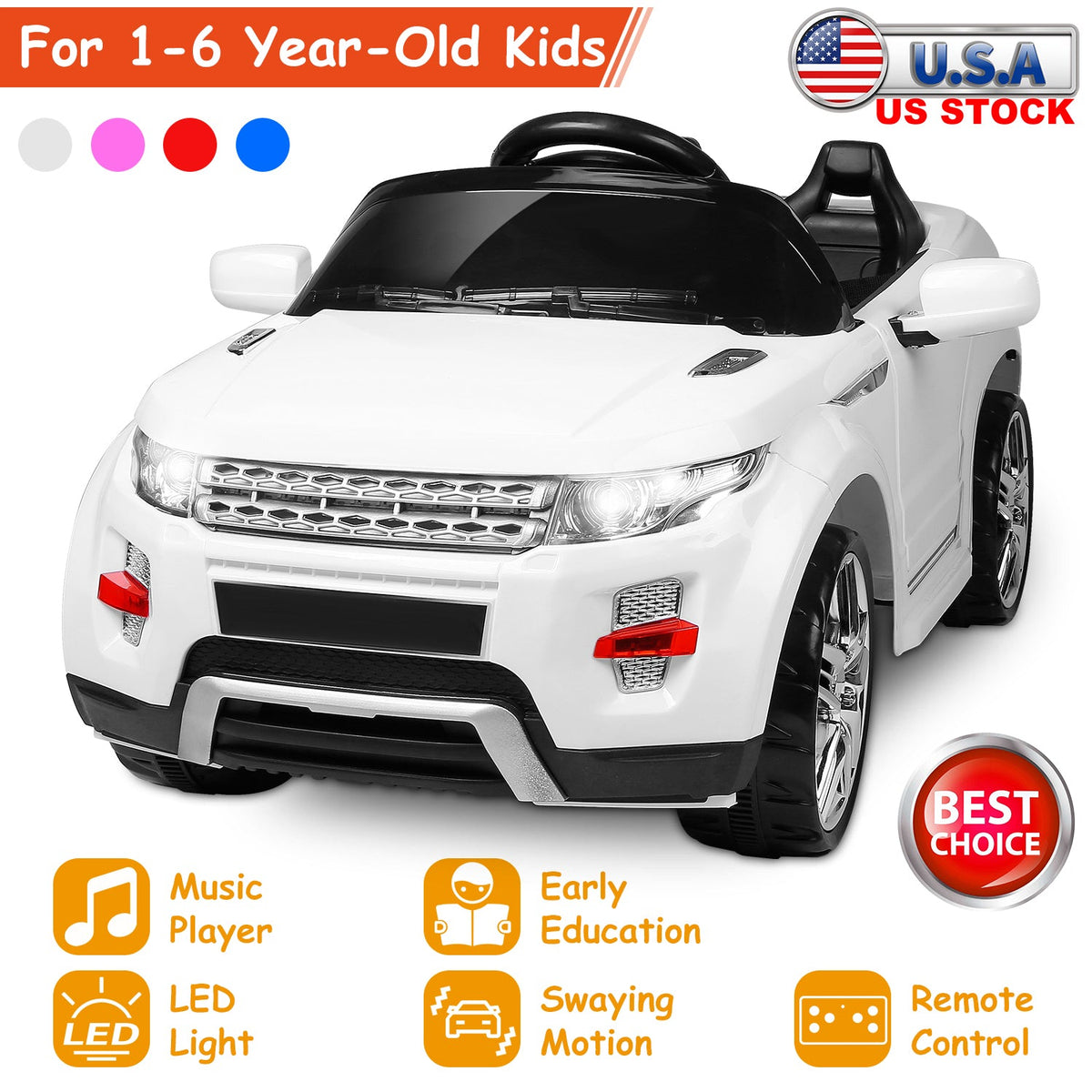 Electric Kids Ride-On Car SUV w/ Parental Remote Control Music Horn LED Lights Swaying Early Education Function Kid Aged 1-6 Years Old