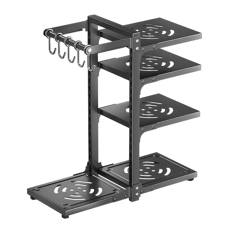 5-Tier Adjustable Carbon Steel Pot and Utensil Storage Rack with Hooks