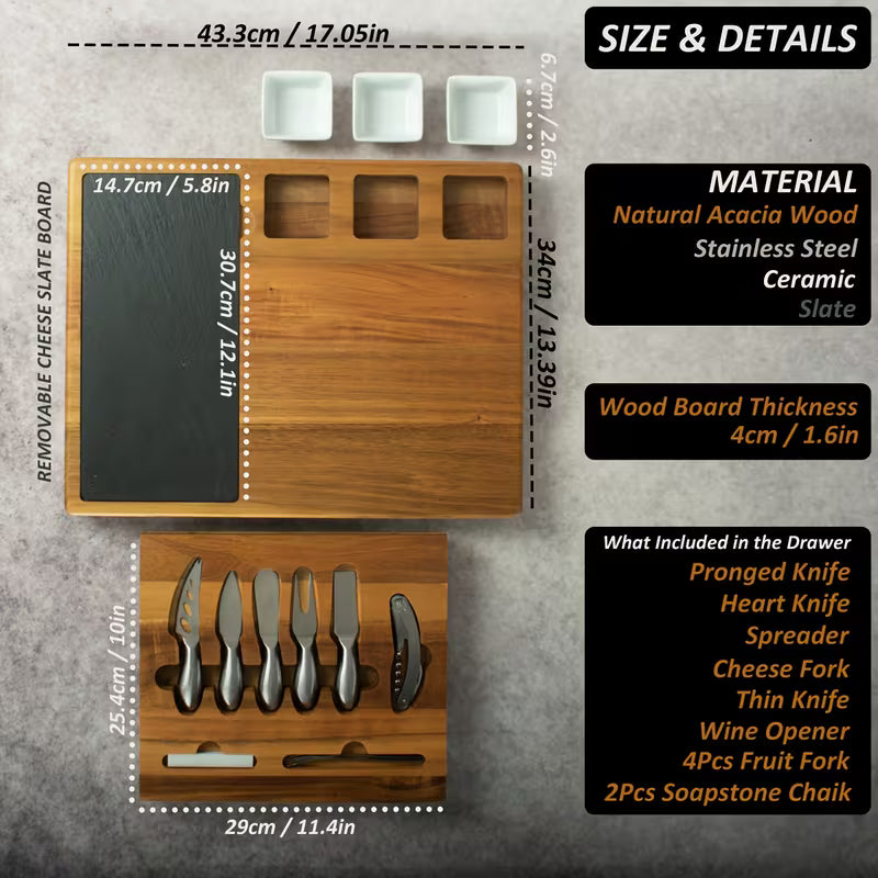 Acacia Wood Cheese Board Set with Integrated Storage Drawer