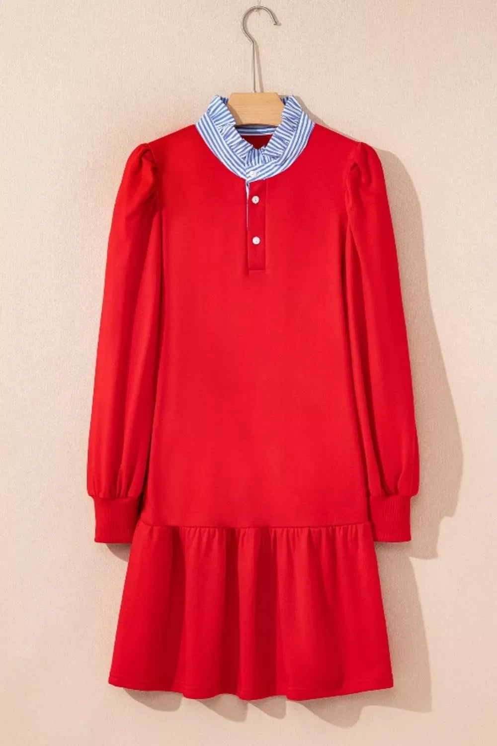 Contrast Striped Collar Patchwork Puff Sleeve Ruffle Hem Mini Dress