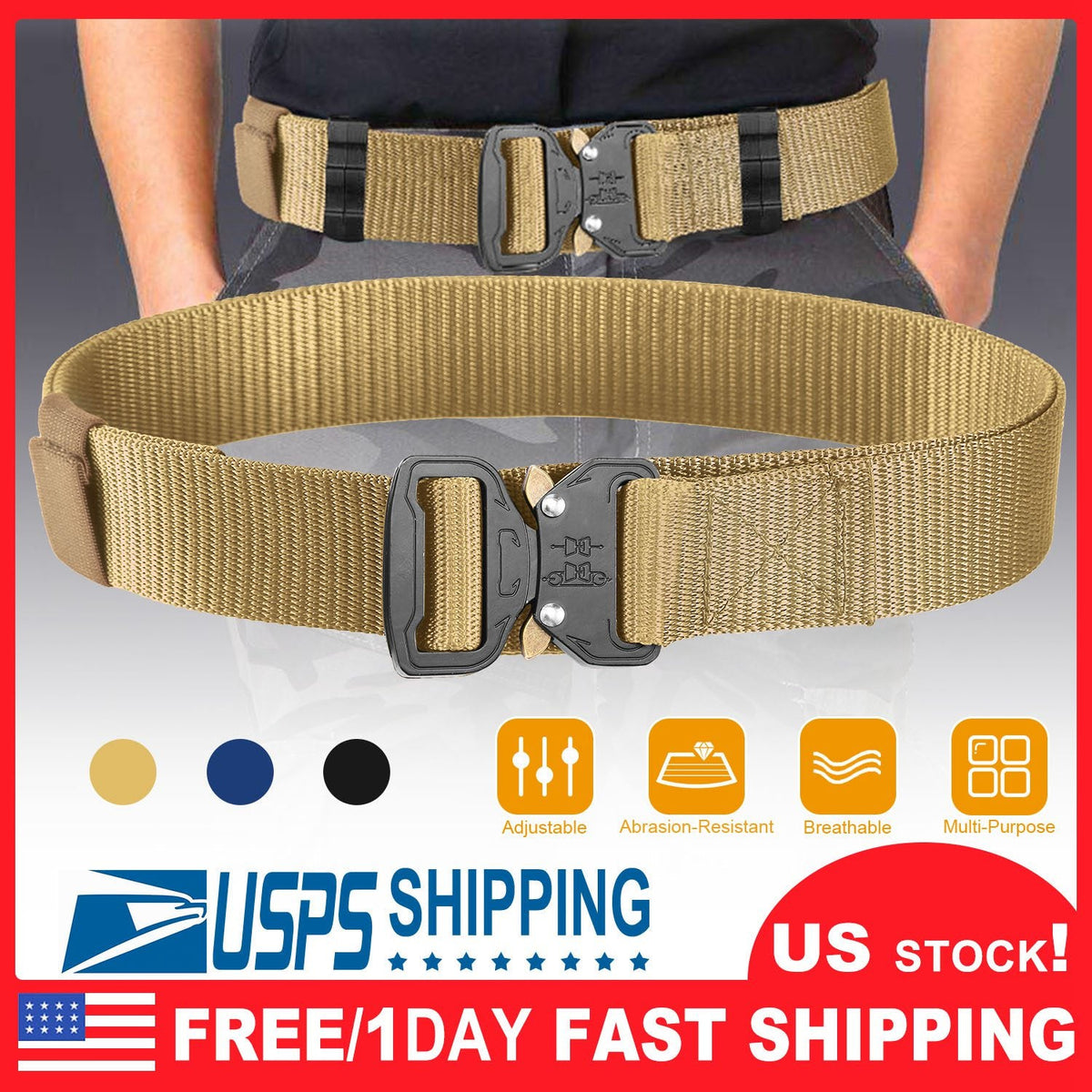 Men Military Belt Adjustable Tactical Belt Combat Waistband w/Metal Buckle Nylon Training Belt