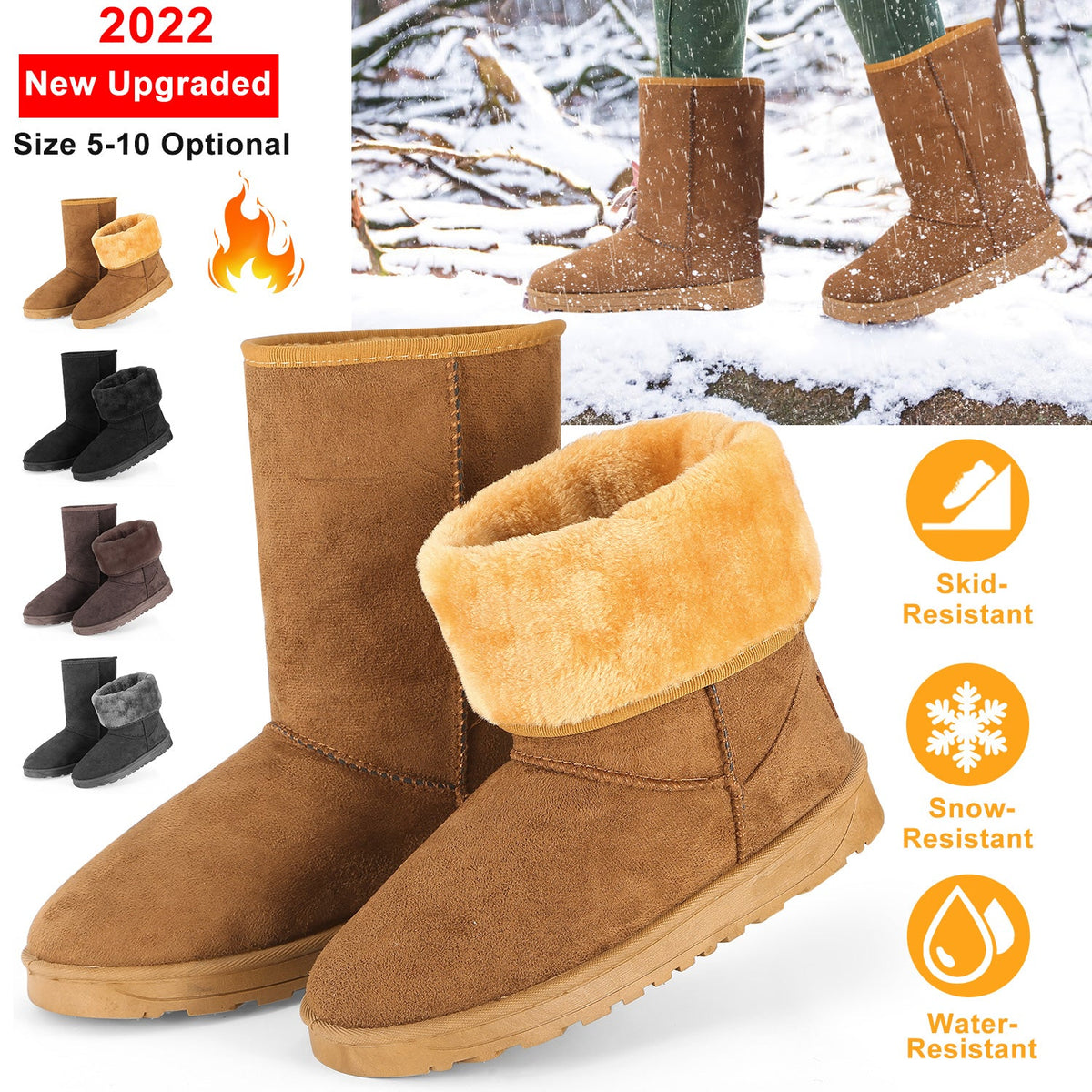 Snow Boots - Waterproof Faux Suede Mid-Calf with Warm Lining