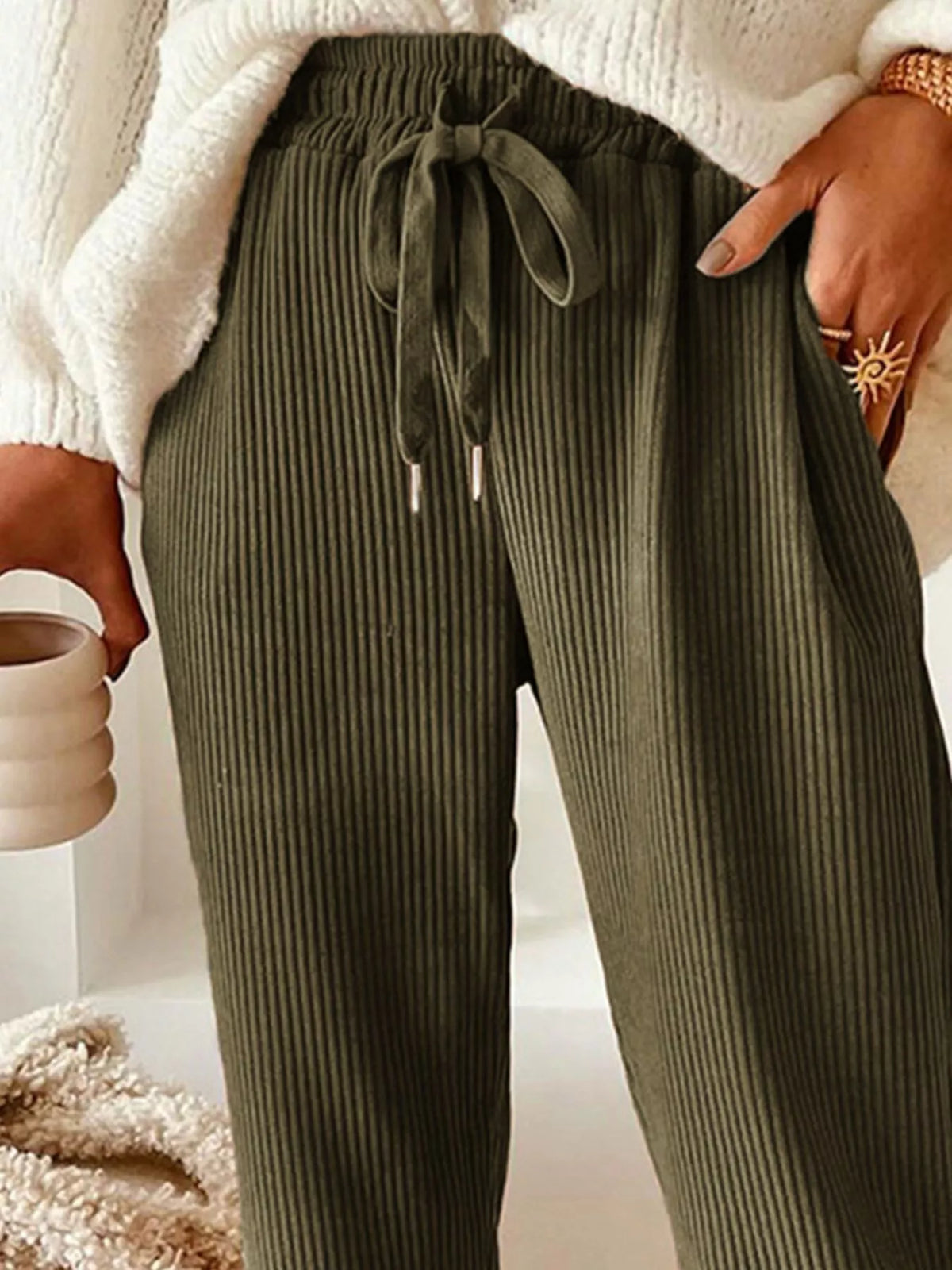 Casual Corduroy Drawstring Waist Pants