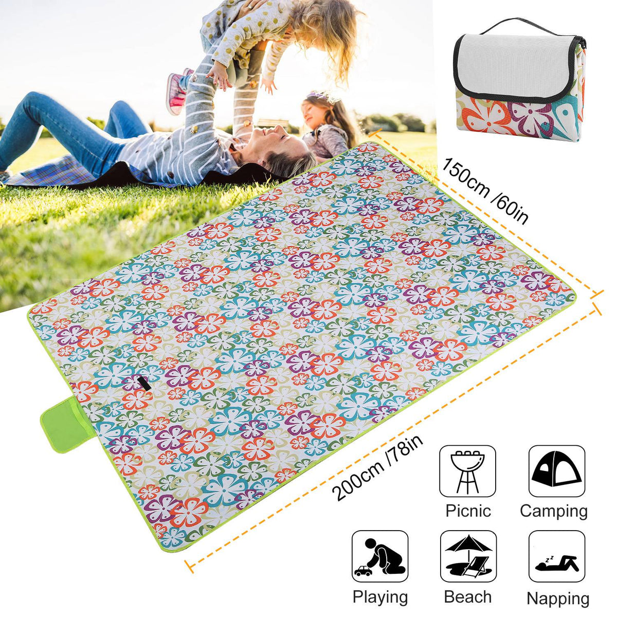 Manta de picnic impermeable de 60" x 78", alfombra plegable para acampar con correa, ideal para camping, senderismo, césped y viajes