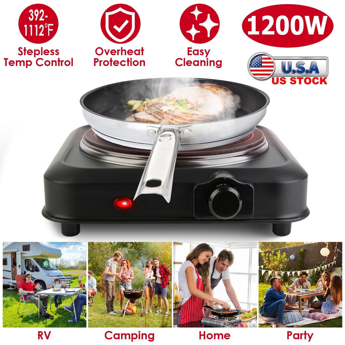 1200W Electric Infrared Single Burner Portable Heating Hot Plate Stove Countertop RV Hotplate with 7.5Ó Glass Cooktop Stepless Temperature Adjustments