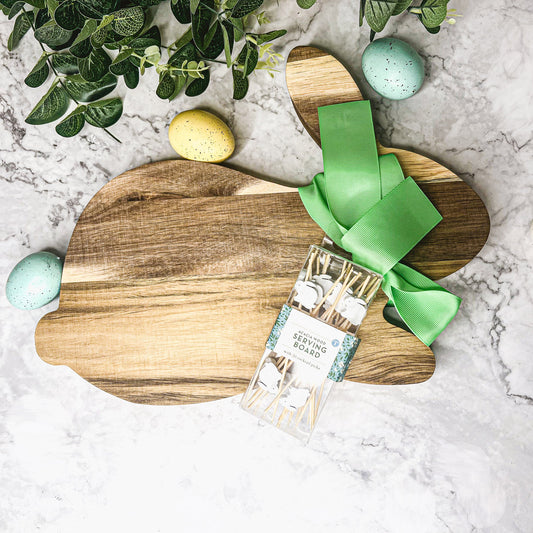 Acacia Wood Bunny Cutting Board With 20 Bunny Toothpicks And Ribbon Gift