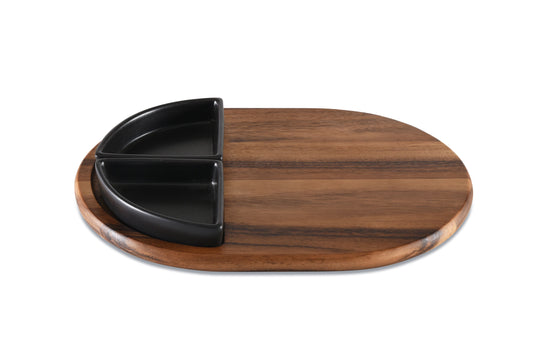 Acacia Wood Charcuterie Tray 15x11 With 2 Black Triangular Ceramic Bowls
