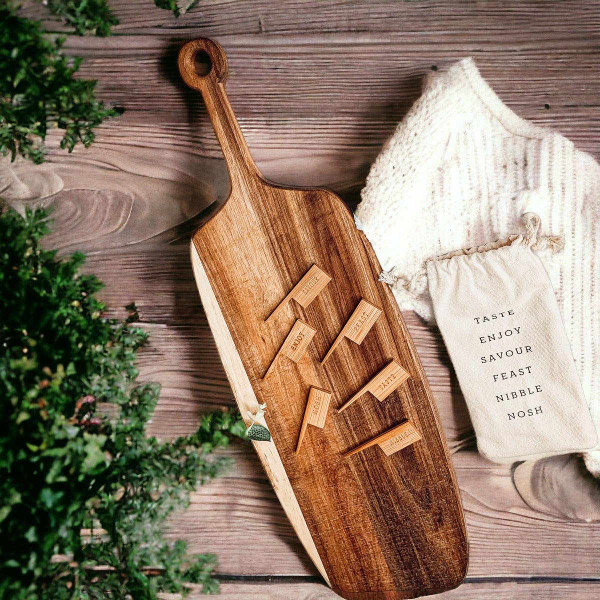 Acacia Wood Serving Board 23x8 Inch With Bamboo Cheese Markers And Handle