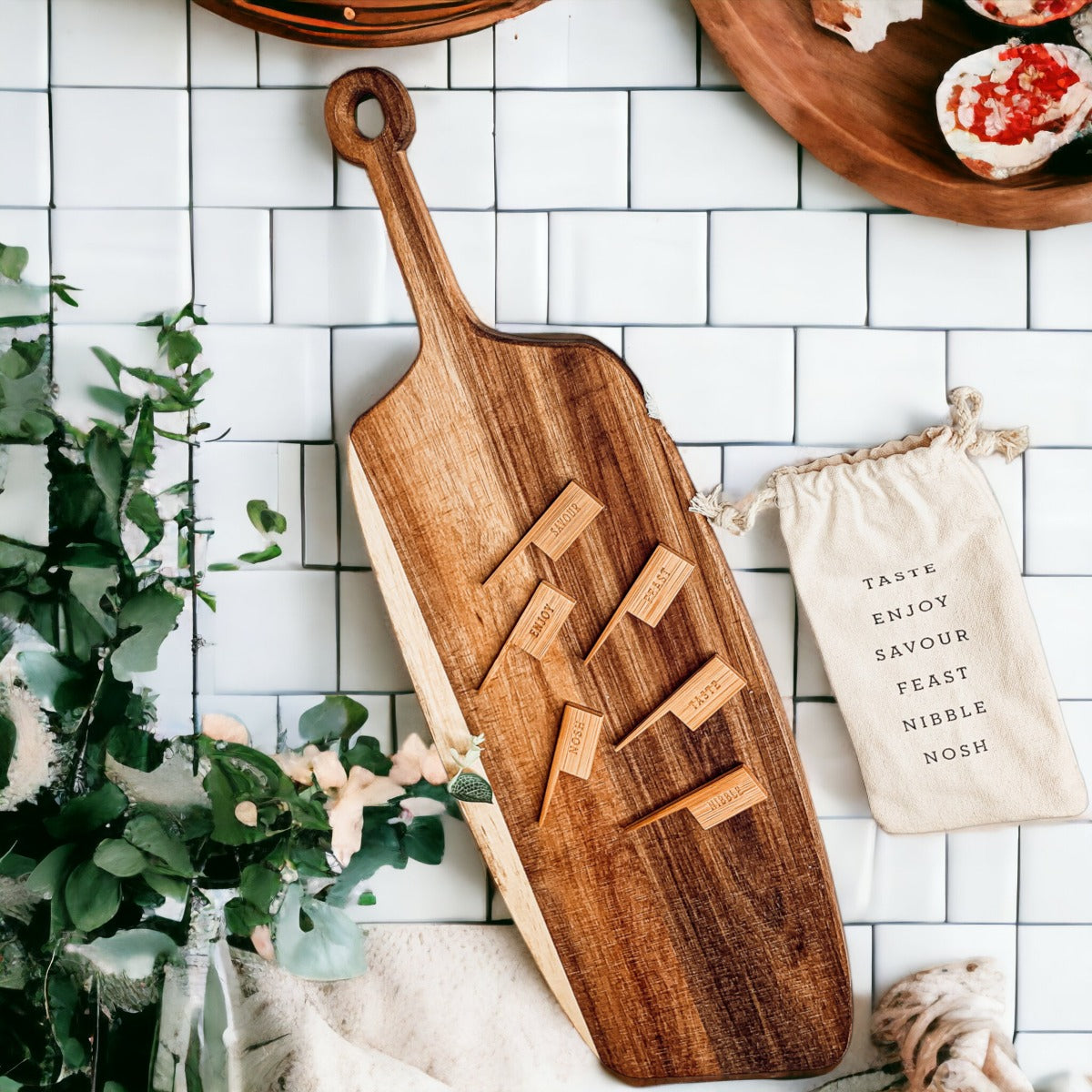 Acacia Wood Serving Board 23x8 Inch With Bamboo Cheese Markers And Handle