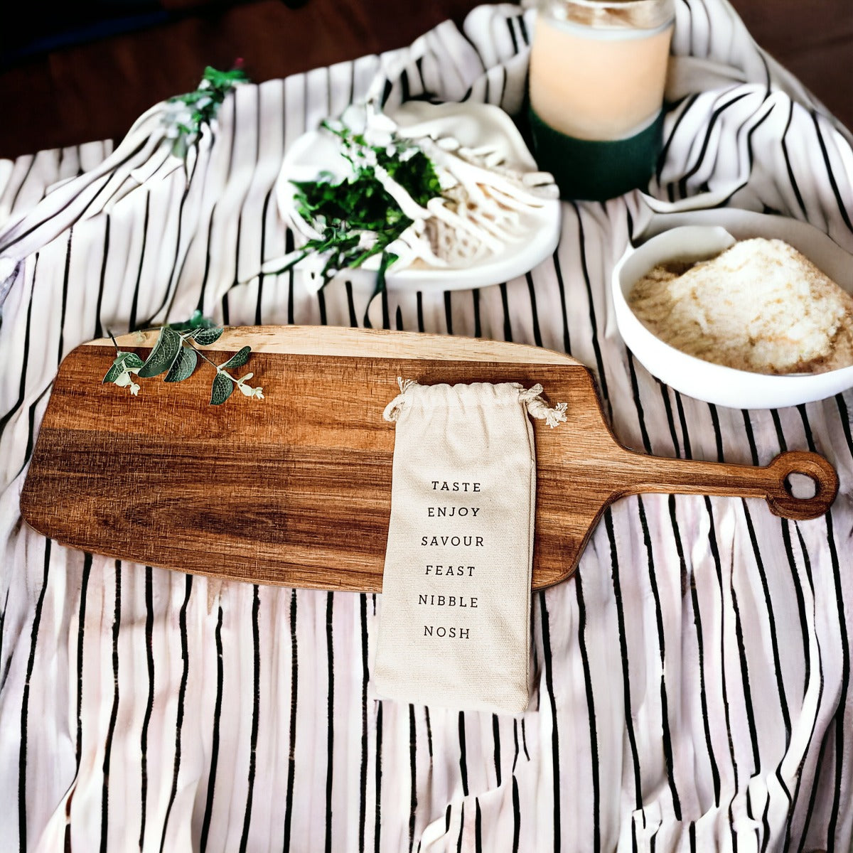 Acacia Wood Serving Board 23x8 Inch With Bamboo Cheese Markers And Handle