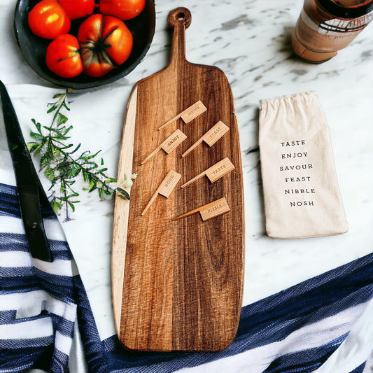 Acacia Wood Serving Board 23x8 Inch With Bamboo Cheese Markers And Handle
