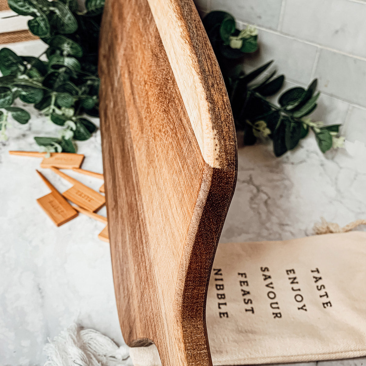 Acacia Wood Serving Board 23x8 Inch With Bamboo Cheese Markers And Handle