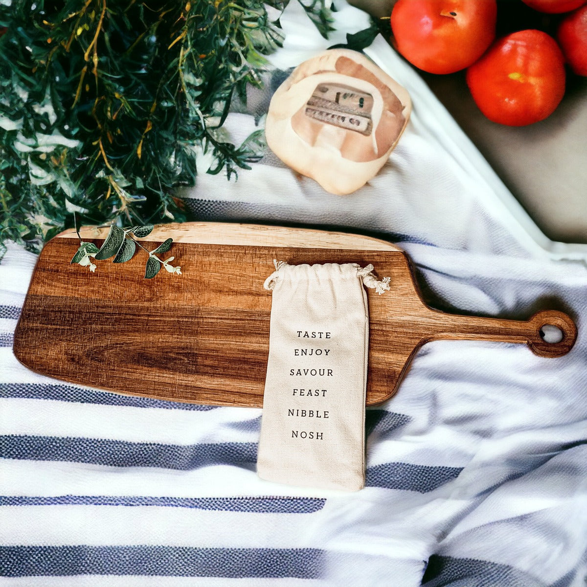 Acacia Wood Serving Board 23x8 Inch With Bamboo Cheese Markers And Handle