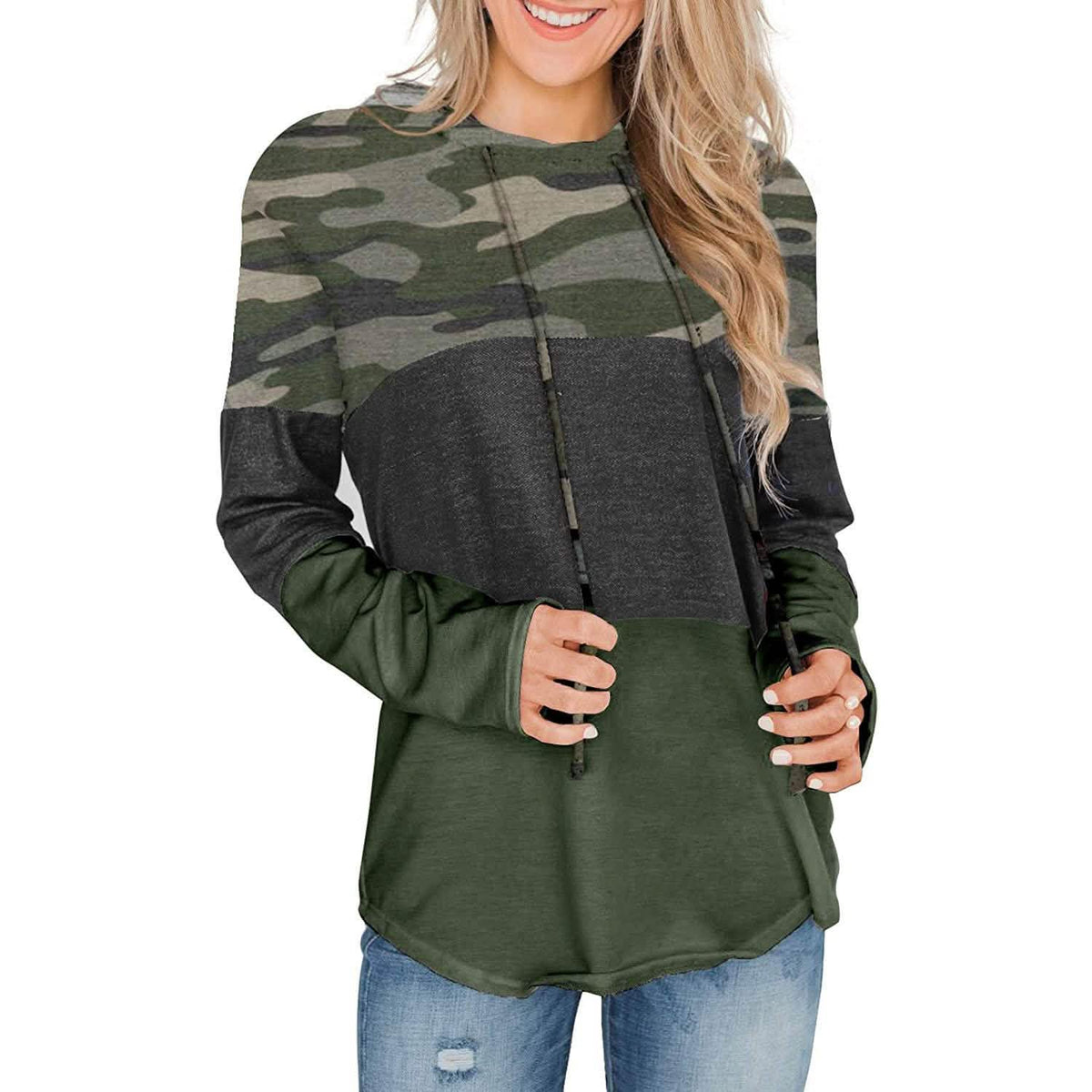 Actloe Women Long Sleeve Striped Color Block Casual Hoodies