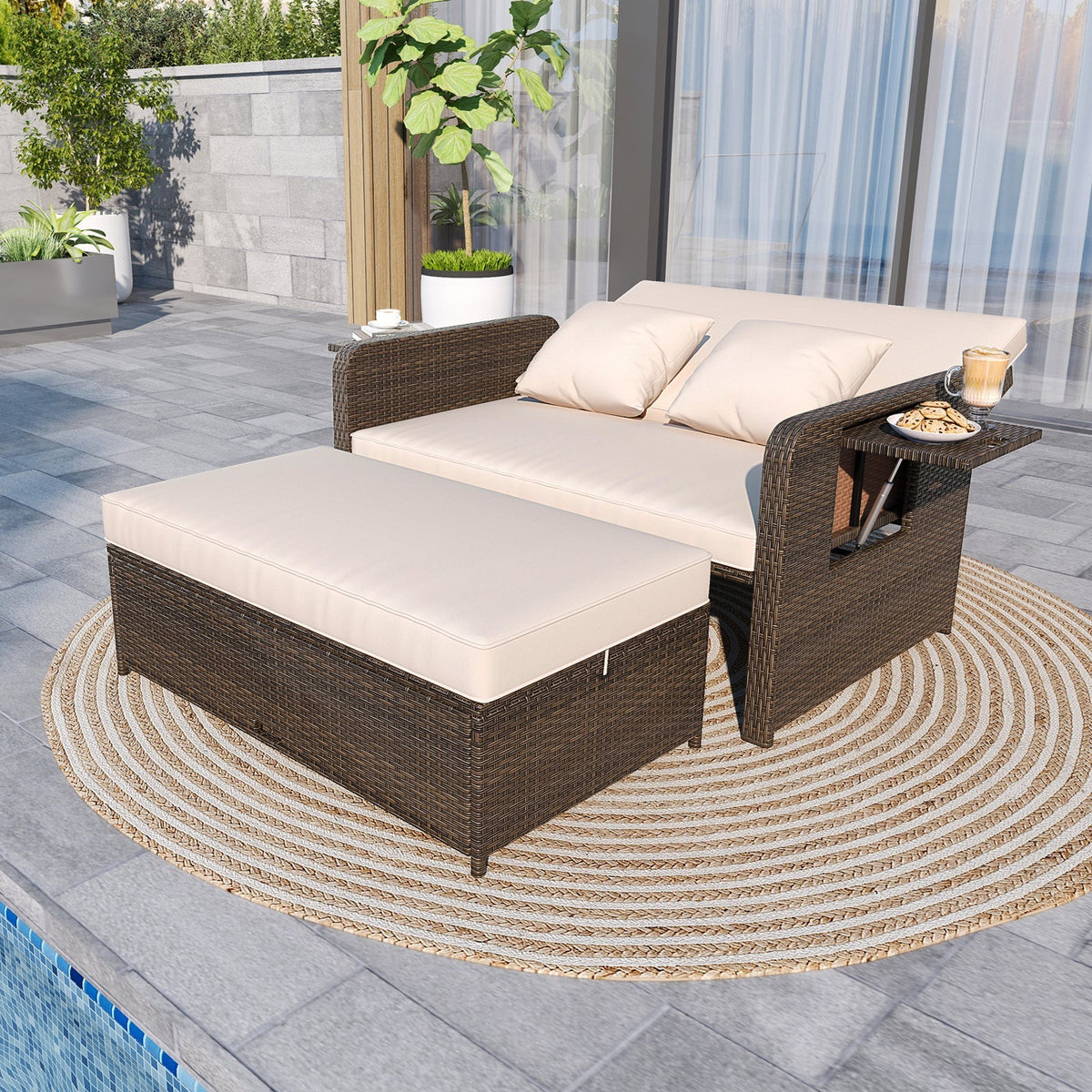 Premium Adjustable Outdoor Patio Daybed Set with Cushions and Storage Ottoman