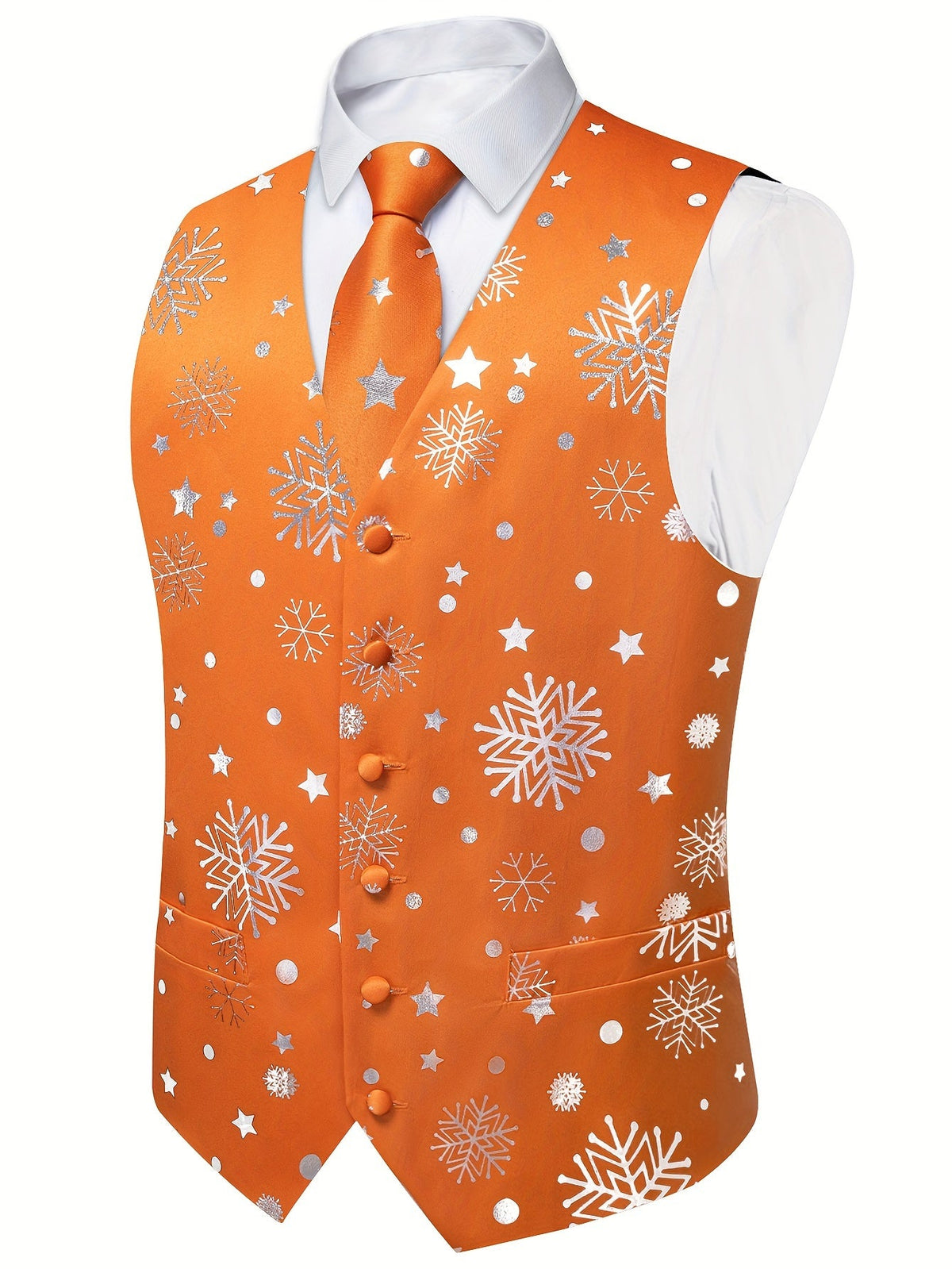Set de chaleco y pajarita DiBanGu con diseño de copos de nieve navideños en color naranja y plata, talla L
